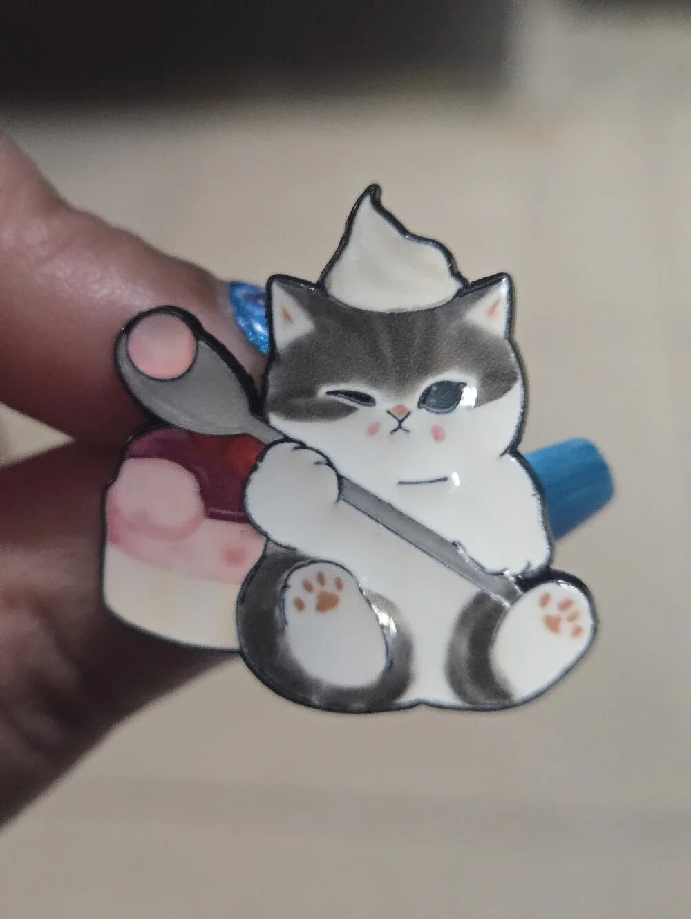 Cute Grey & White Cat Pin with Pink Dessert Accent